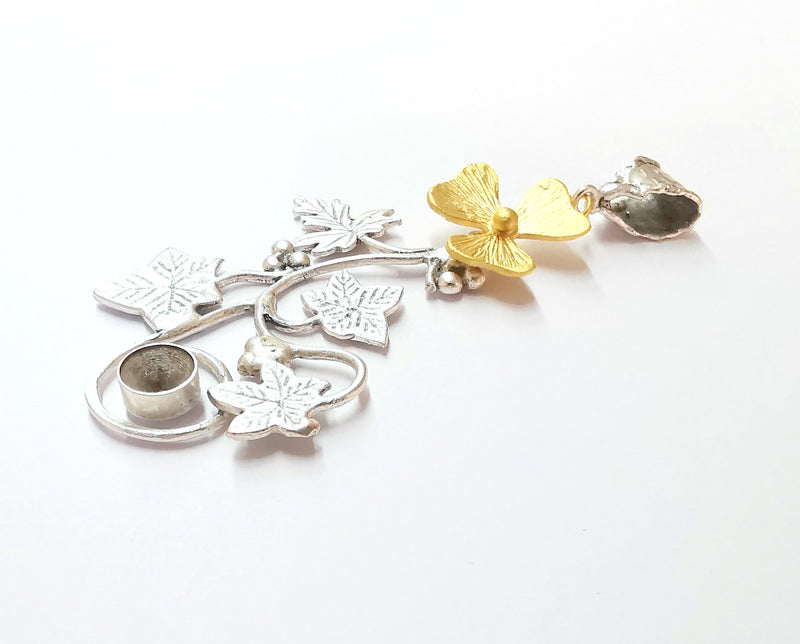 Leaf and Flower Pendant Blank Resin Bezel Mosaic Mountings Antique Silver and Gold Plated Brass (85x35mm)( 7mm Bezel Inner Size)  G19909