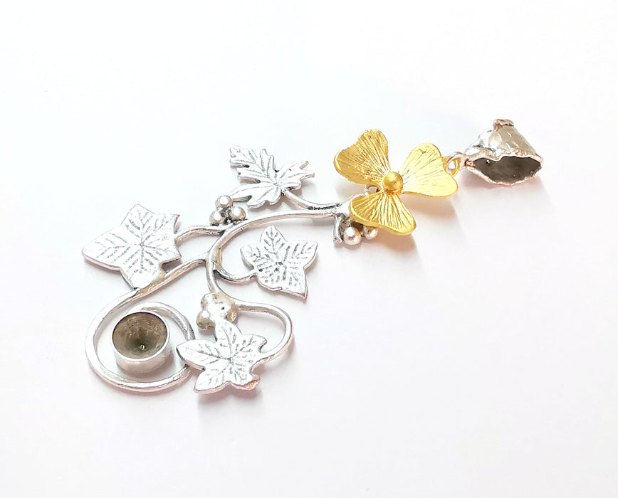 Leaf and Flower Pendant Blank Resin Bezel Mosaic Mountings Antique Silver and Gold Plated Brass (85x35mm)( 7mm Bezel Inner Size)  G19909