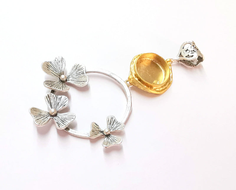 Flowers Pendant Blank Resin Bezel Mosaic Mountings Antique Silver and Gold Plated Brass (90x54mm)(16mm Bezel Inner Size)  G19910
