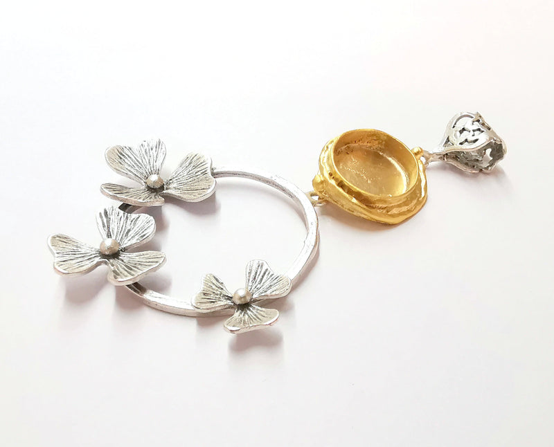 Flowers Pendant Blank Resin Bezel Mosaic Mountings Antique Silver and Gold Plated Brass (90x54mm)(16mm Bezel Inner Size)  G19910