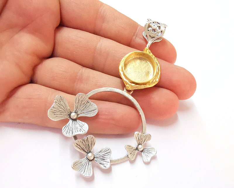 Flowers Pendant Blank Resin Bezel Mosaic Mountings Antique Silver and Gold Plated Brass (90x54mm)(16mm Bezel Inner Size)  G19910