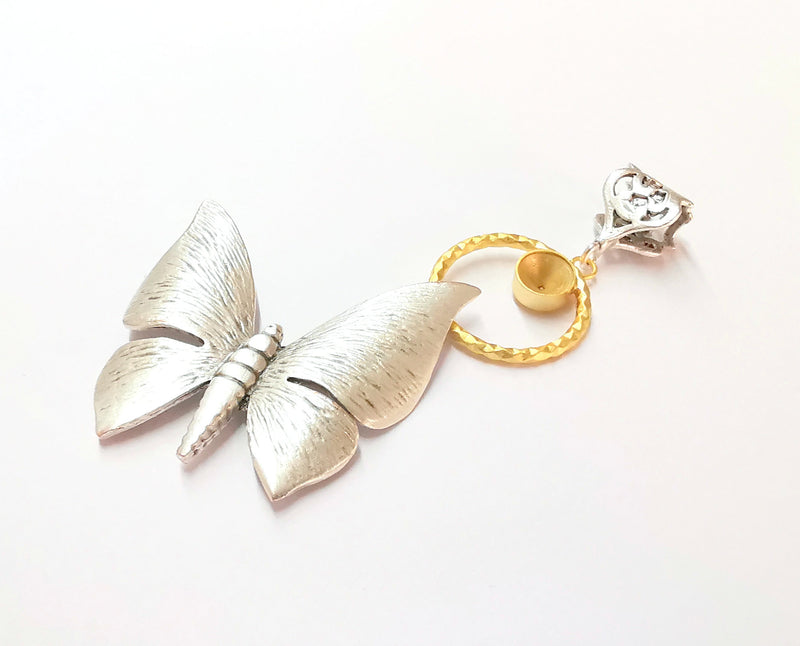 Butterfly Pendant Blank Resin Bezel Mosaic Mountings Antique Silver and Gold Plated Brass (85x40mm)(7mm Bezel Size)  G19912