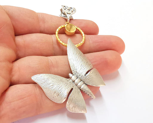 Butterfly Pendant Blank Resin Bezel Mosaic Mountings Antique Silver and Gold Plated Brass (85x40mm)(7mm Bezel Size)  G19912