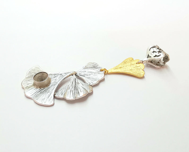 Ginkgo Leaf Pendant Blank Resin Bezel Mosaic Mountings Antique Silver and Gold Plated Brass (82x31mm)(7mm Bezel Size)  G19913
