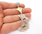 Ginkgo Leaf Pendant Blank Resin Bezel Mosaic Mountings Antique Silver and Gold Plated Brass (82x31mm)(7mm Bezel Size)  G19913