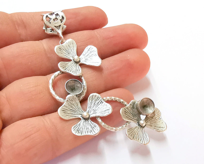 Flowers Pendant Blank Resin Bezel Mosaic Mountings Antique Silver Plated Brass (82x30mm)(7mm Bezel Inner Size)  G19915