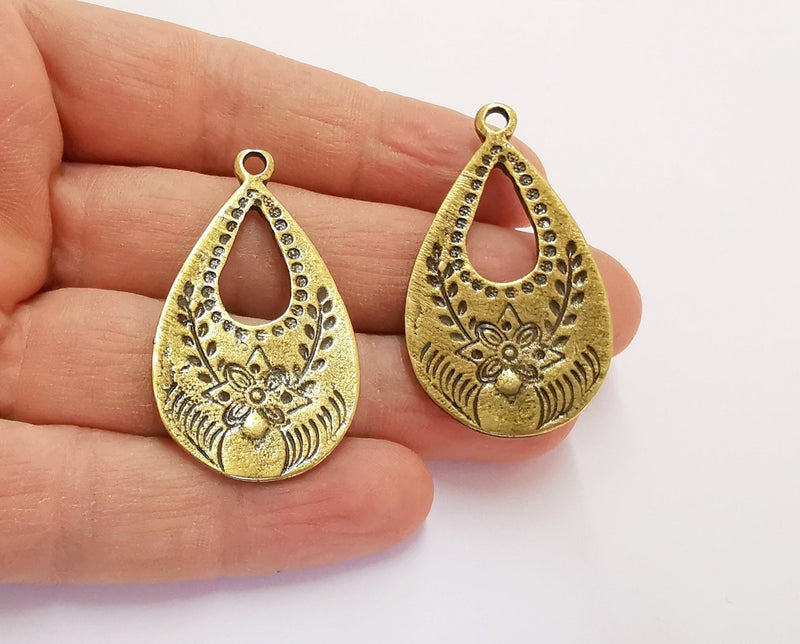 2 Drop Flowers Charms Antique Bronze Plated Charms (46x27mm) G20001