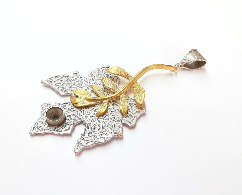 Maple Leaf Pendant Blank Resin Bezel Mosaic Mountings Antique Silver and Gold Plated Brass (95x46mm)(7mm Bezel Size)  G19916