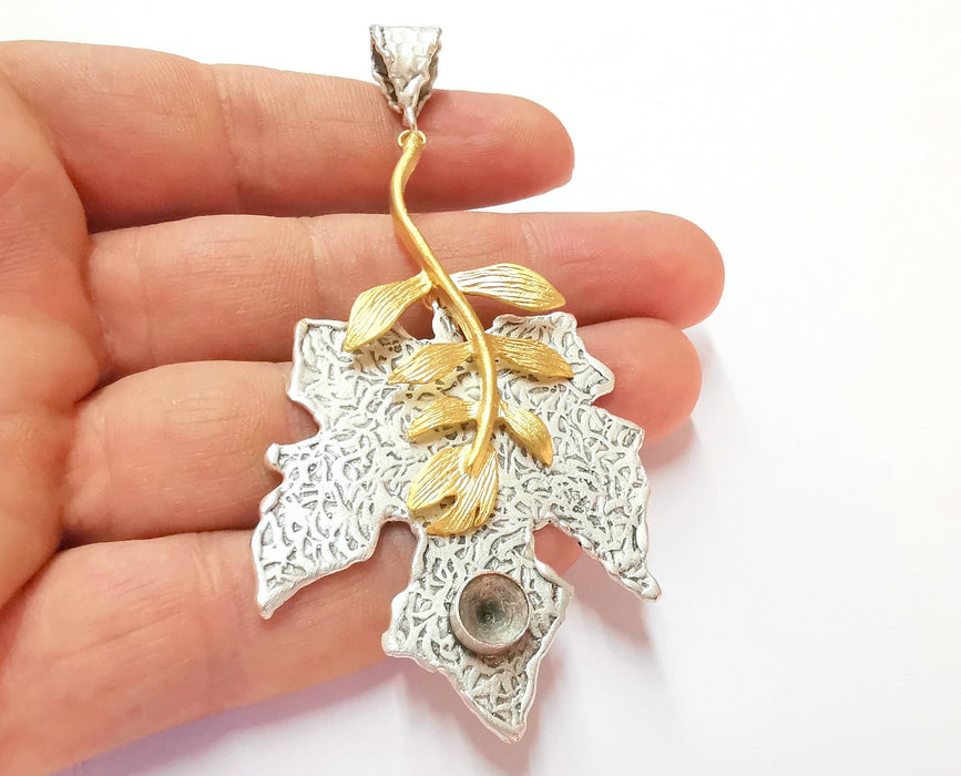 Maple Leaf Pendant Blank Resin Bezel Mosaic Mountings Antique Silver and Gold Plated Brass (95x46mm)(7mm Bezel Size)  G19916