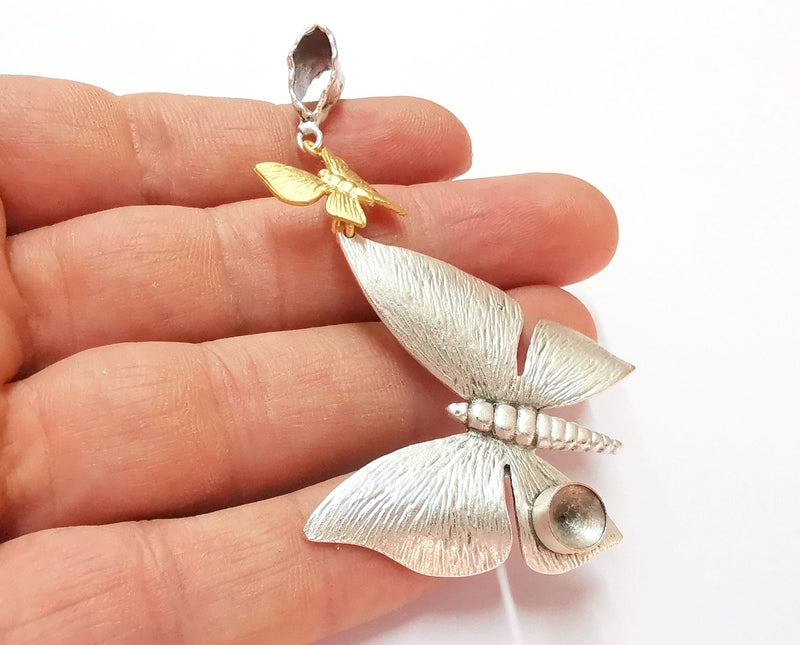 Butterfly Pendant Blank Resin Bezel Mosaic Mountings Antique Silver and Gold Plated Brass (83x40mm)(7mm Bezel Size)  G19917