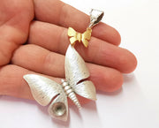 Butterfly Pendant Blank Resin Bezel Mosaic Mountings Antique Silver and Gold Plated Brass (83x40mm)(7mm Bezel Size)  G19917