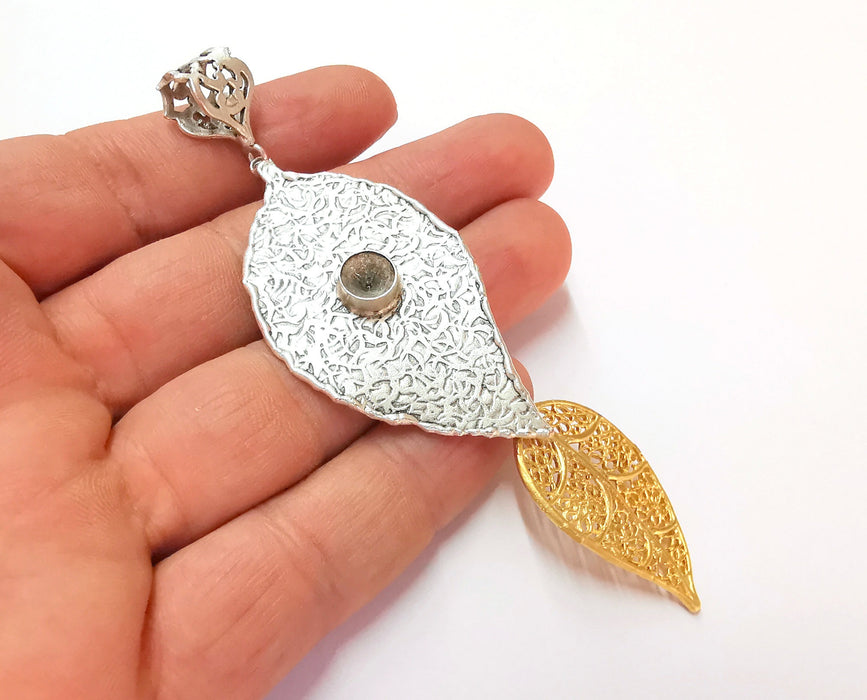 Leaf Pendant Blank Resin Bezel Mosaic Mountings Antique Silver and Gold Plated Brass (110x32mm)(7mm Bezel Size)  G19918