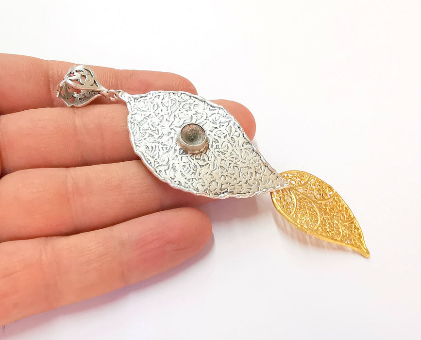 Leaf Pendant Blank Resin Bezel Mosaic Mountings Antique Silver and Gold Plated Brass (110x32mm)(7mm Bezel Size)  G19918