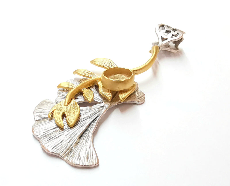 Ginkgo Leaf Pendant Blank Resin Bezel Mosaic Mountings Antique Silver and Gold Plated Brass (81x31mm)(9mm Bezel Size)  G19919