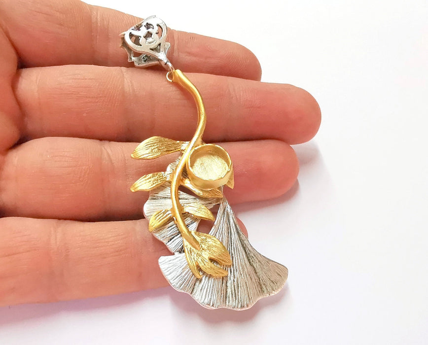 Ginkgo Leaf Pendant Blank Resin Bezel Mosaic Mountings Antique Silver and Gold Plated Brass (81x31mm)(9mm Bezel Size)  G19919