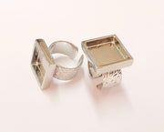 Shiny Silver Ring Blank Base Bezel Settings Shiny Silver Plated Cabochon Base Mountings Adjustable Resin Ring (16x16mm Blank)  G19927