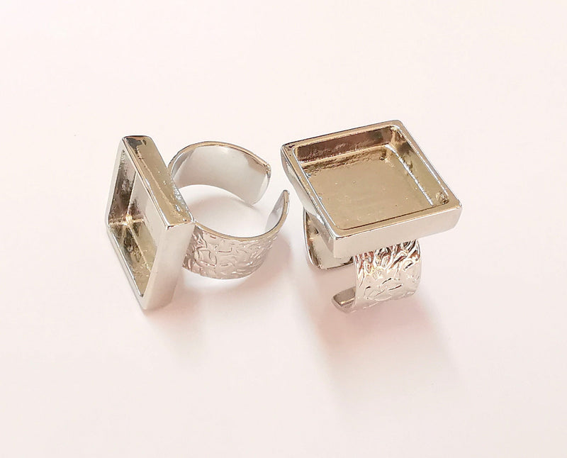 Shiny Silver Ring Blank Base Bezel Settings Shiny Silver Plated Cabochon Base Mountings Adjustable Resin Ring (16x16mm Blank)  G19927
