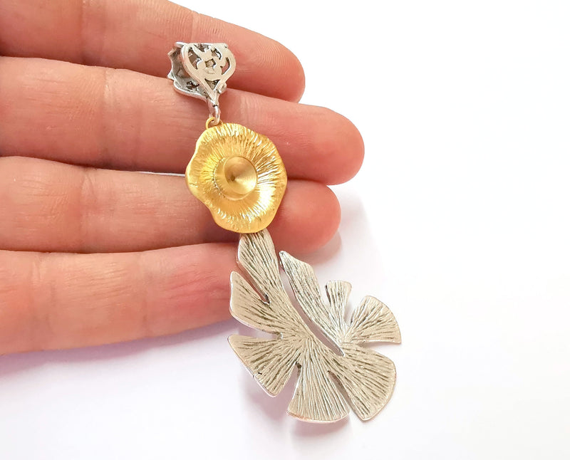 Monstera Leaf Pendant Blank Resin Bezel Mosaic Mountings Antique Silver and Gold Plated Brass (85x37mm)(7mm Bezel Size)  G19928