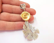 Monstera Leaf Pendant Blank Resin Bezel Mosaic Mountings Antique Silver and Gold Plated Brass (85x37mm)(7mm Bezel Size)  G19928