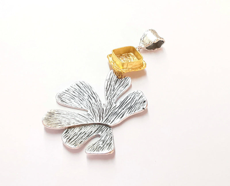 Monstera Leaf Pendant Blank Resin Bezel Mosaic Mountings Antique Silver and Gold Plated Brass (75x38mm)(10x10mm Bezel Size)  G19929