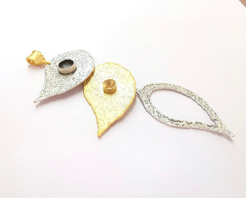 Leaf Pendant Blank Resin Bezel Mosaic Mountings Antique Silver and Gold Plated Brass (128x50mm)(9 and 7mm Bezel Size)  G19930
