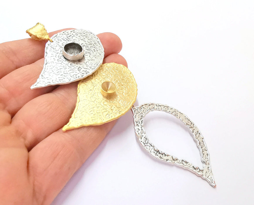 Leaf Pendant Blank Resin Bezel Mosaic Mountings Antique Silver and Gold Plated Brass (128x50mm)(9 and 7mm Bezel Size)  G19930