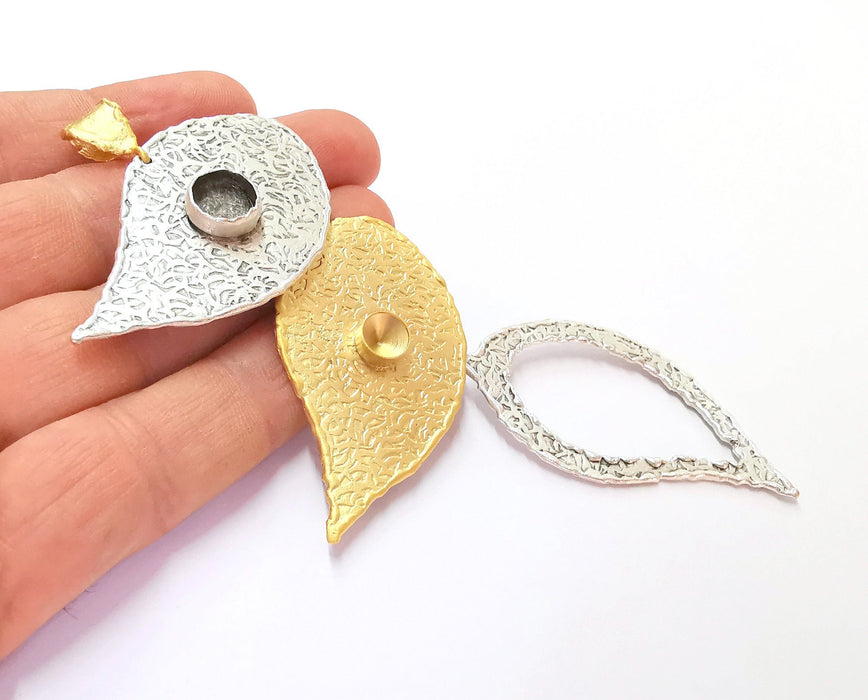 Leaf Pendant Blank Resin Bezel Mosaic Mountings Antique Silver and Gold Plated Brass (128x50mm)(9 and 7mm Bezel Size)  G19930