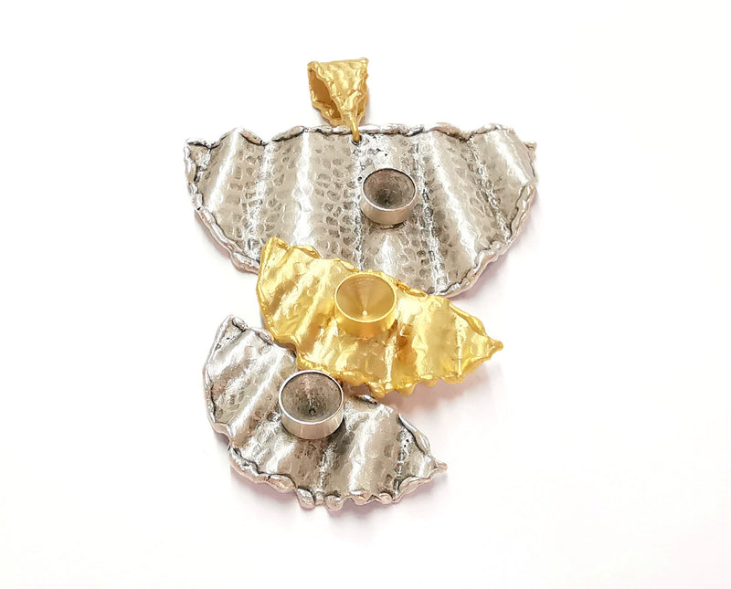 Hammered Wavy Pendant Blank Resin Bezel Mosaic Mountings Antique Silver and Gold Plated Brass (77x55mm)(7mm Bezel Size)  G19934