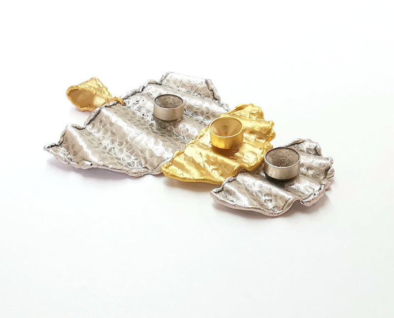 Hammered Wavy Pendant Blank Resin Bezel Mosaic Mountings Antique Silver and Gold Plated Brass (77x55mm)(7mm Bezel Size)  G19934
