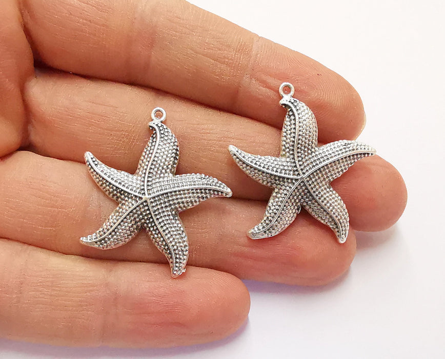 2 Starfish Charms Antique Silver Plated Brass Charms (31x30mm)  G20468