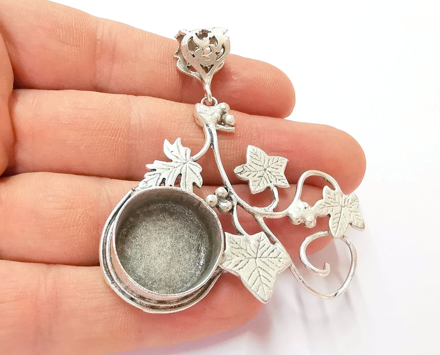 Leaf Pendant Blank Resin Bezel Mosaic Mountings Antique Silver Plated Brass (67x59mm)(20mm Bezel Size)  G19945