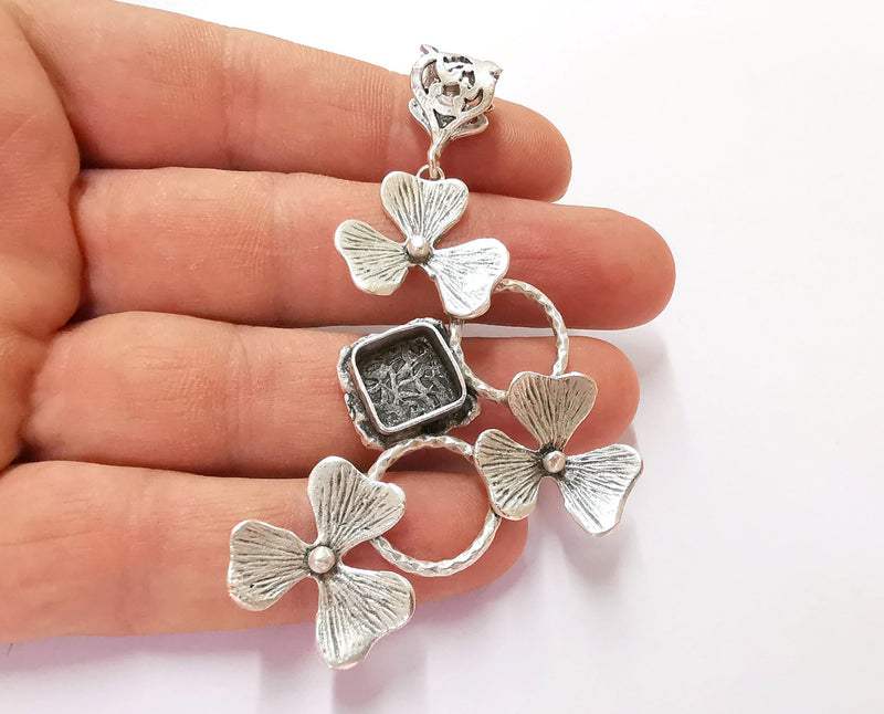 Flowers Pendant Blank Resin Bezel Mosaic Mountings Antique Silver Plated Brass (80x40mm)(10mm Bezel Size)  G19949