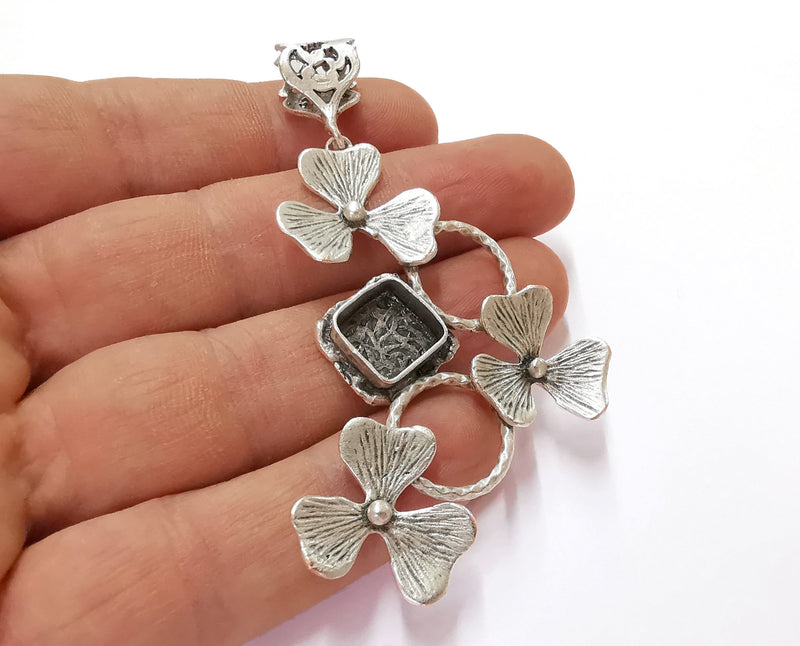 Flowers Pendant Blank Resin Bezel Mosaic Mountings Antique Silver Plated Brass (80x40mm)(10mm Bezel Size)  G19949