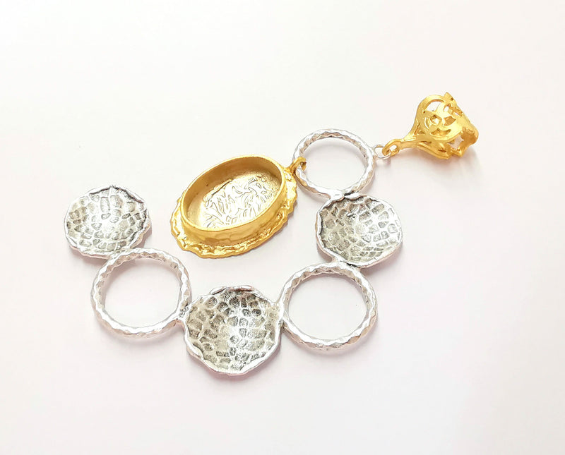 Hammered Pendant Blank Resin Bezel Mosaic Mountings Antique Silver and Gold Plated Brass (82x46mm)(19x13mm Bezel Size)  G26312