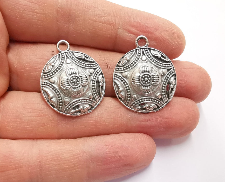 2 Flowers Charms Antique Silver Plated Charms (29x24mm)  G20517