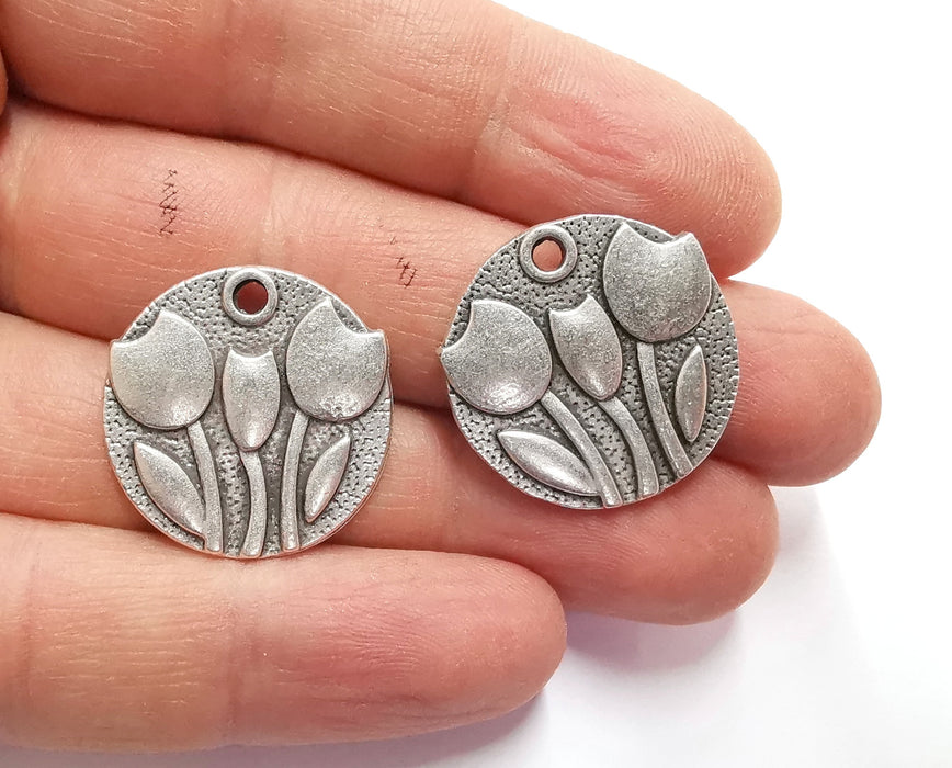 2 Flowers Charms Antique Silver Plated Charms (24mm)  G20519