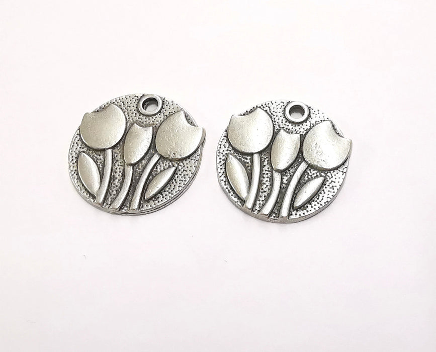 2 Flowers Charms Antique Silver Plated Charms (24mm)  G20519