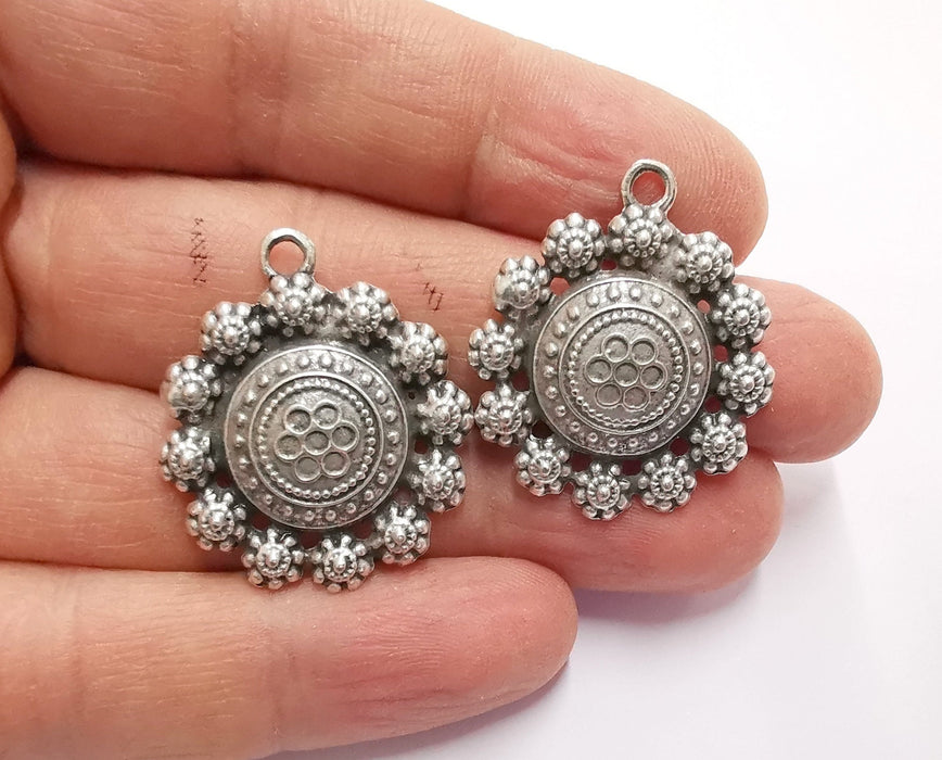 2 Flowers Charms Antique Silver Plated Charms (32x28mm)  G20521