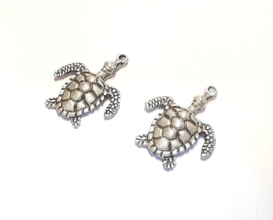 2 Sea Turtle Charms Antique Silver Plated Charms (35x28mm)  G20548