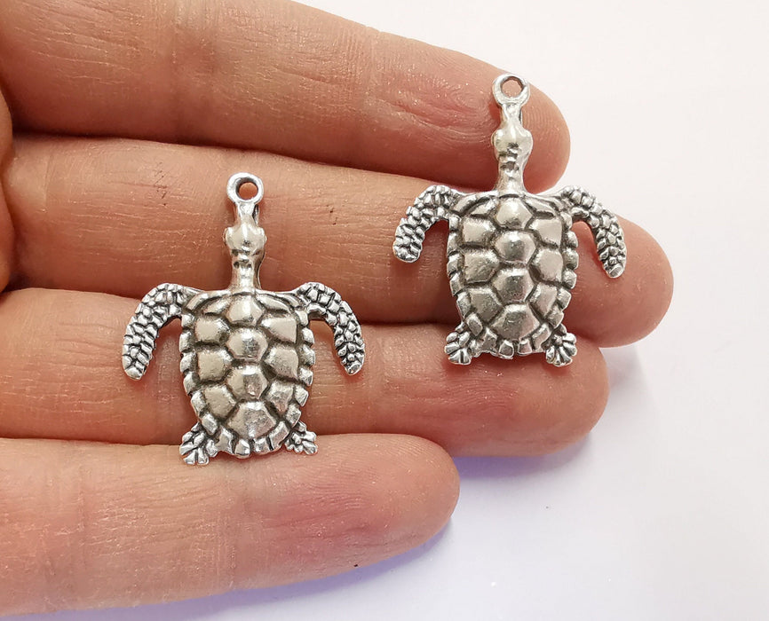 2 Sea Turtle Charms Antique Silver Plated Charms (35x28mm)  G20548