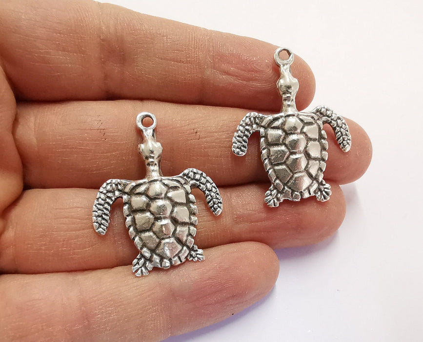 2 Sea Turtle Charms Antique Silver Plated Charms (35x28mm)  G20548