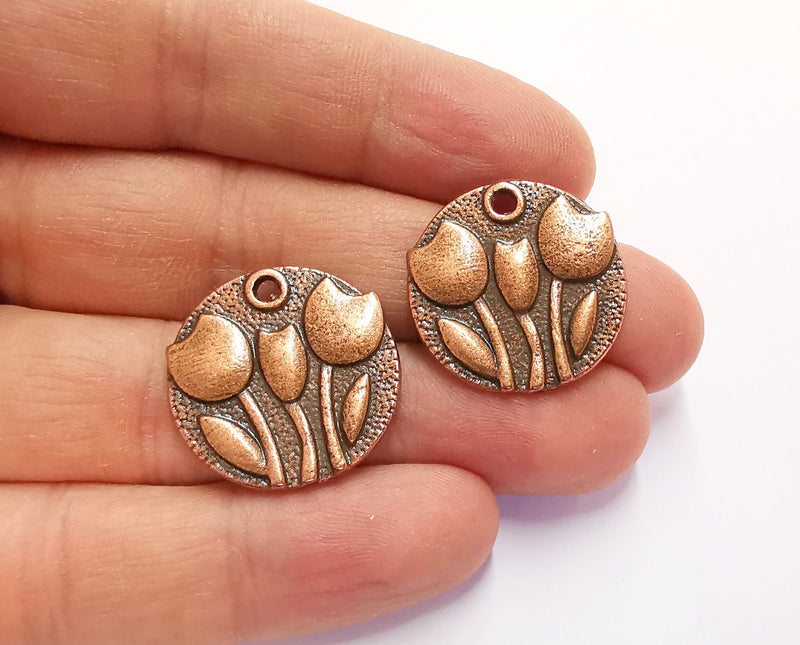 2 Flowers Charms Antique Copper Plated Charms (24mm)  G20576