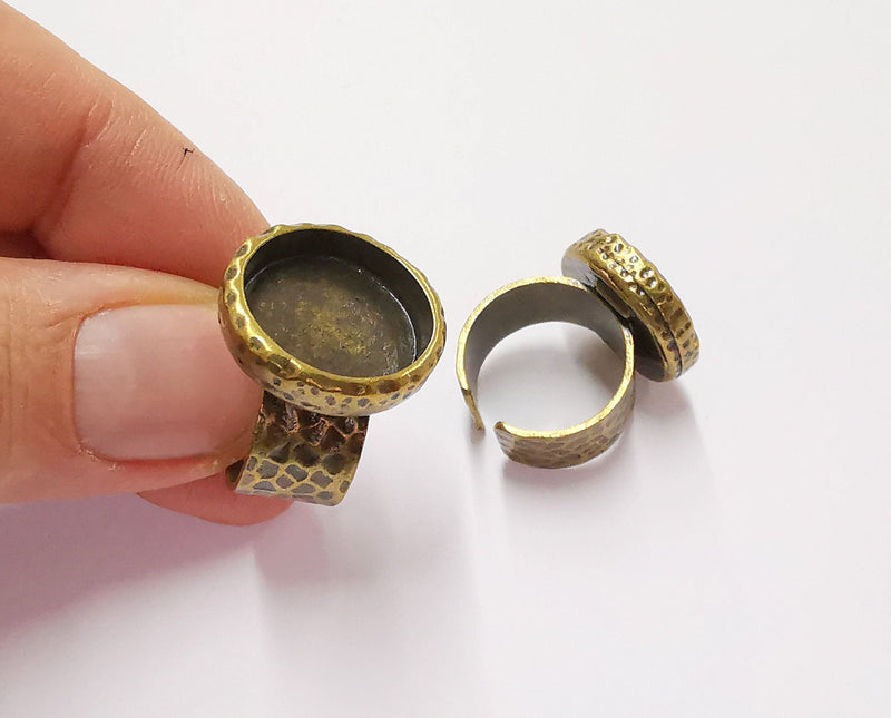 Hammered Ring Blank Setting Cabochon Base inlay Ring Backs Mounting Adjustable Ring Bezel (16mm blank) Antique Bronze Plated G20607