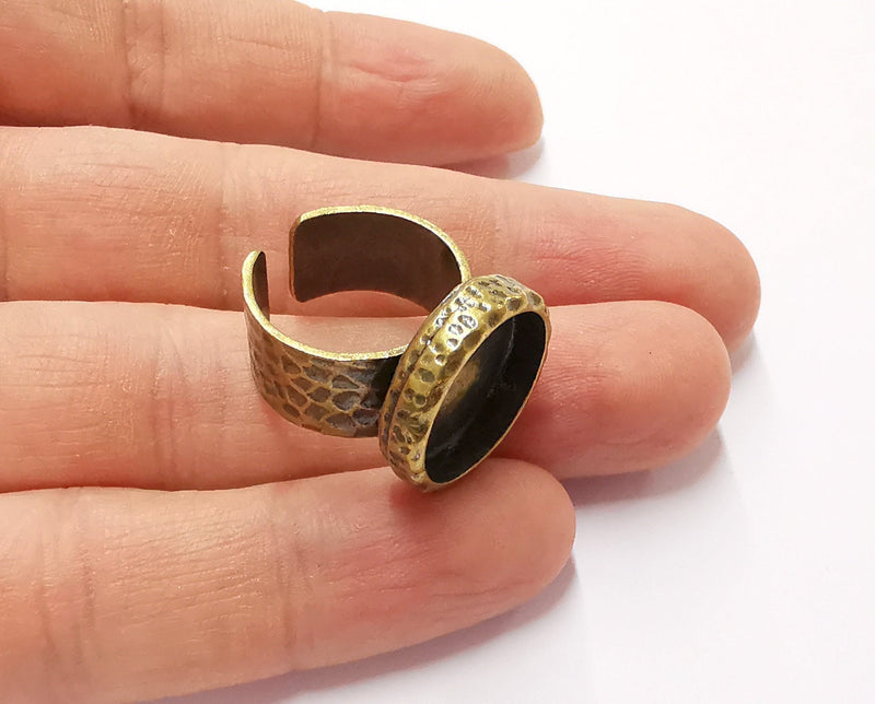 Hammered Ring Blank Setting Cabochon Base inlay Ring Backs Mounting Adjustable Ring Bezel (16mm blank) Antique Bronze Plated G20607