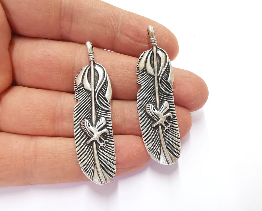 2 Feather Charms Antique Silver Plated Charms (55x15mm)  G20610