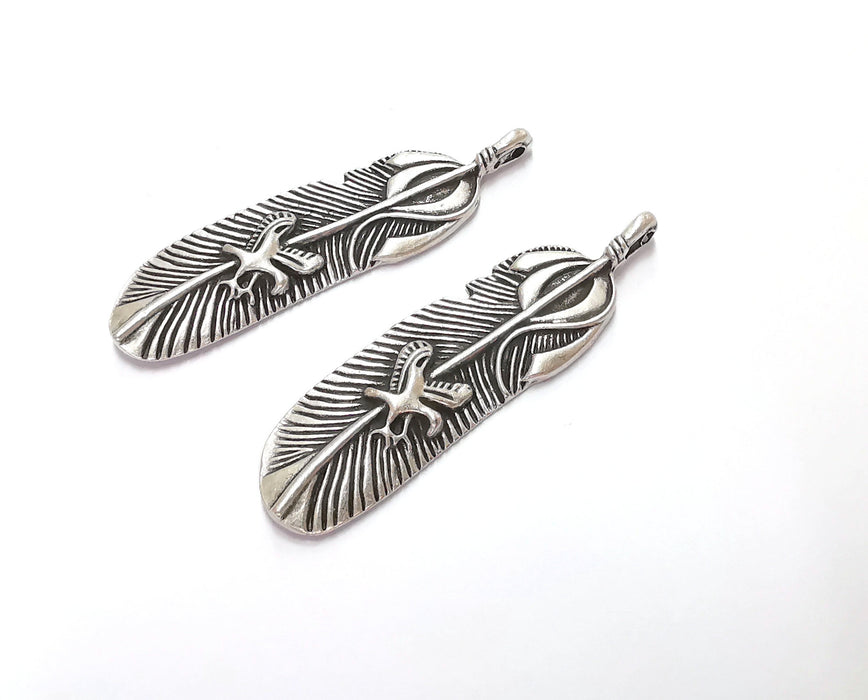 2 Feather Charms Antique Silver Plated Charms (55x15mm)  G20610