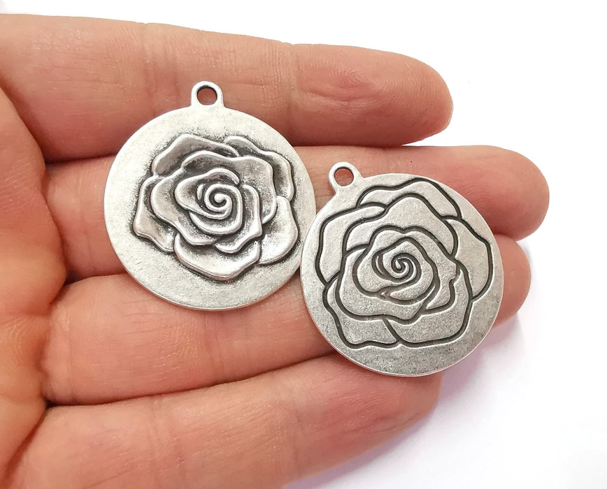 2 Rose Flower Double Sided (Sides Different) Charms Antique Silver Plated Charms (36x32mm)  G20612