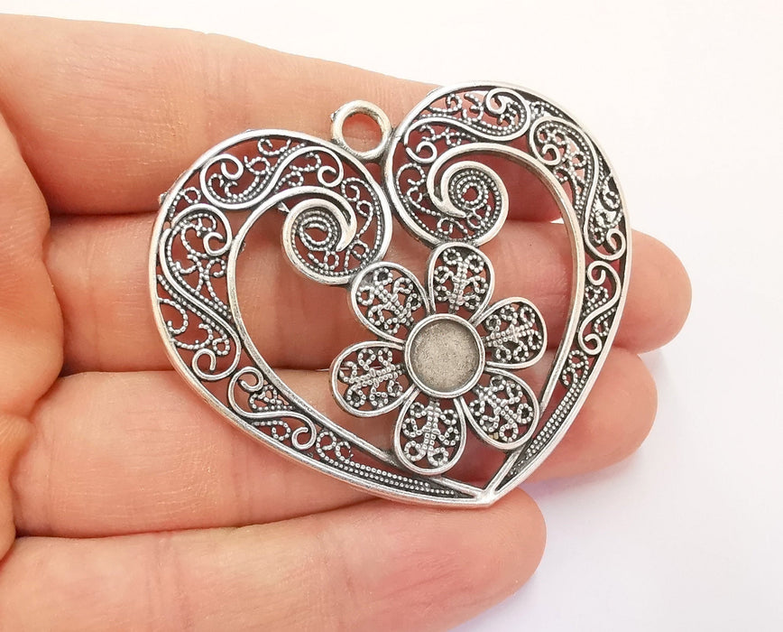 Heart Flower Pendant Antique Silver Plated Pendant (50x60mm)  G20638