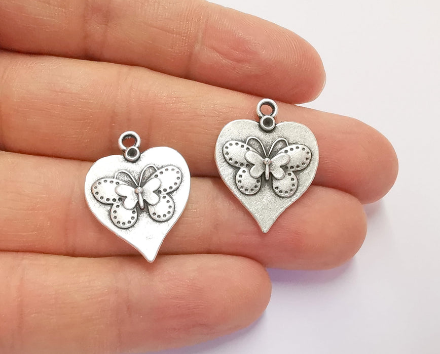 4 Heart Butterfly Charms Antique Silver Plated Charm (25x20mm) G20649