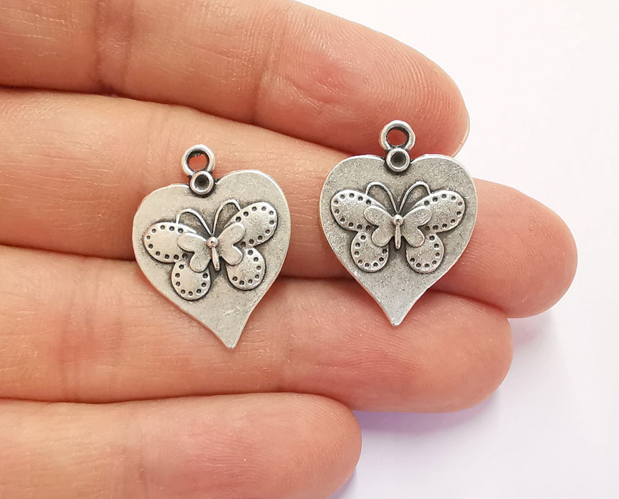 4 Heart Butterfly Charms Antique Silver Plated Charm (25x20mm) G20649